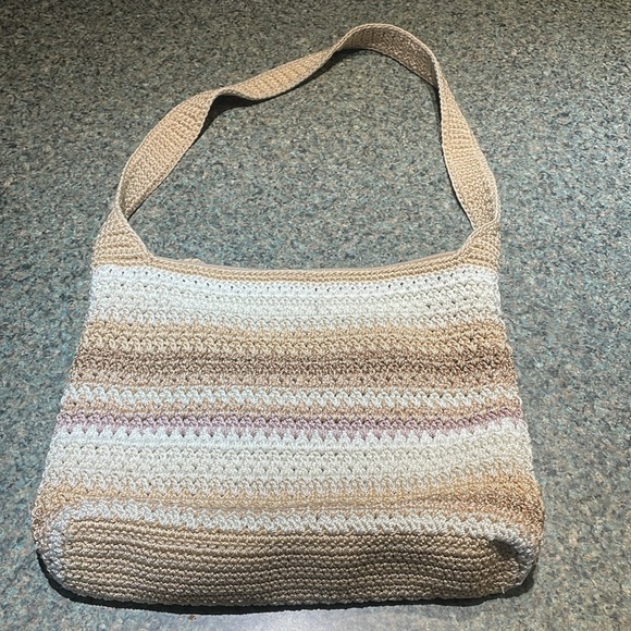 The Sak Crochet earth tone purse zipper closure outside pocket lined inside - Picture 6 of 11